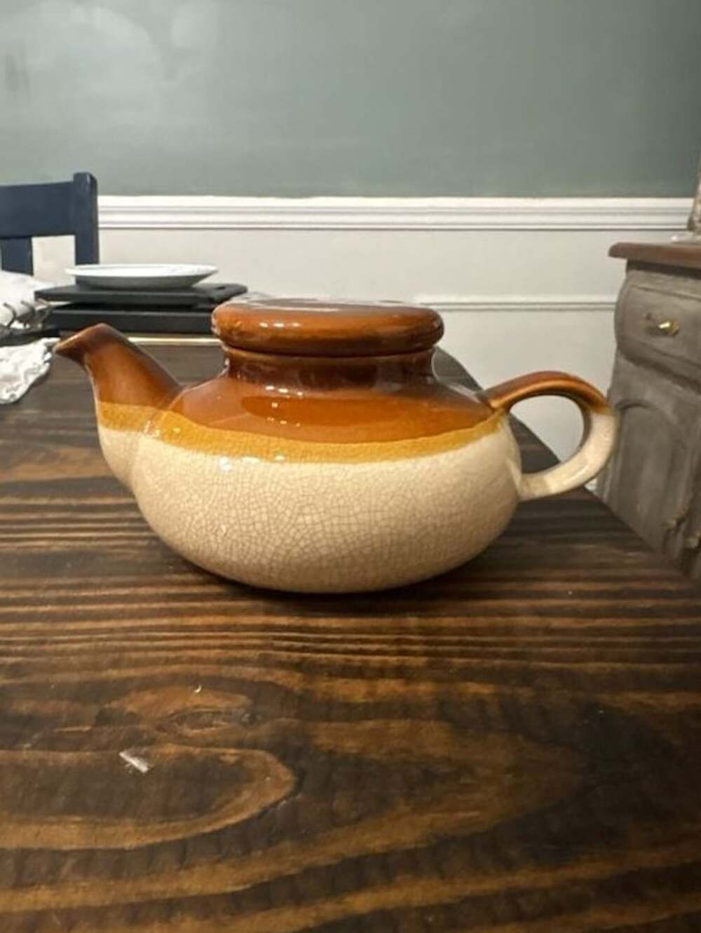Vintage Brown and Cream Glazed Ceramic Teapot with Lid